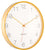 "Reloj de pared redondo: madera clara, esfera blanca, manecillas doradas y segundero rojo"