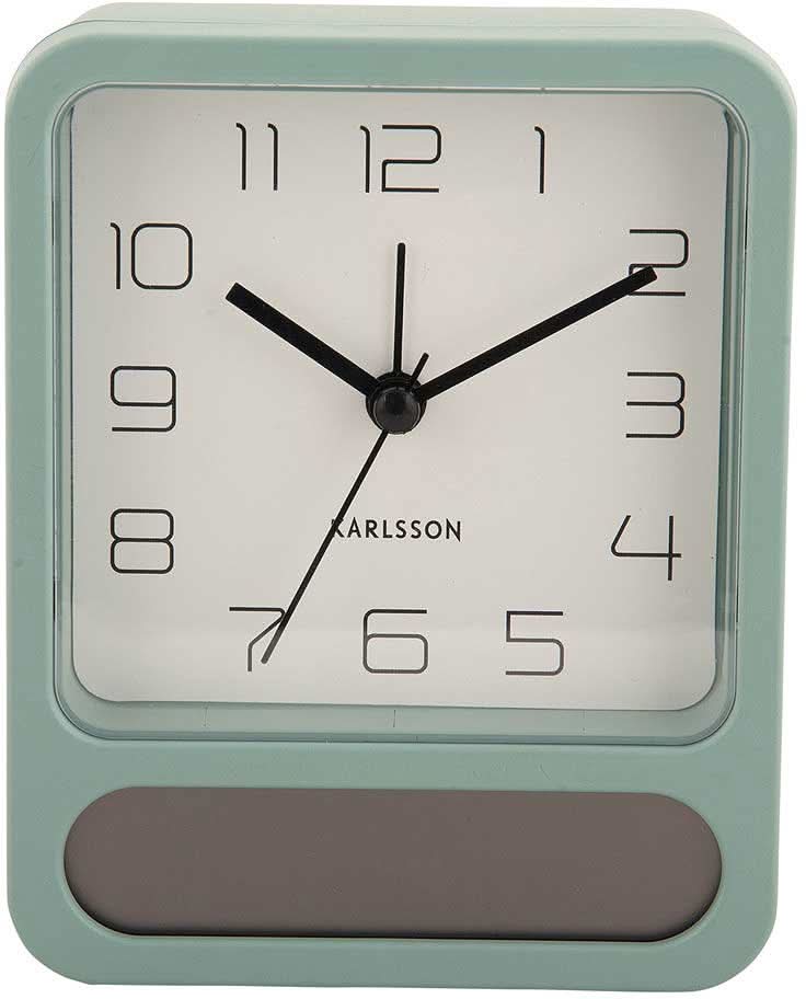 Reloj despertador cuadrado de plástico con carcasa color menta, esfera analógica y ventana inferior