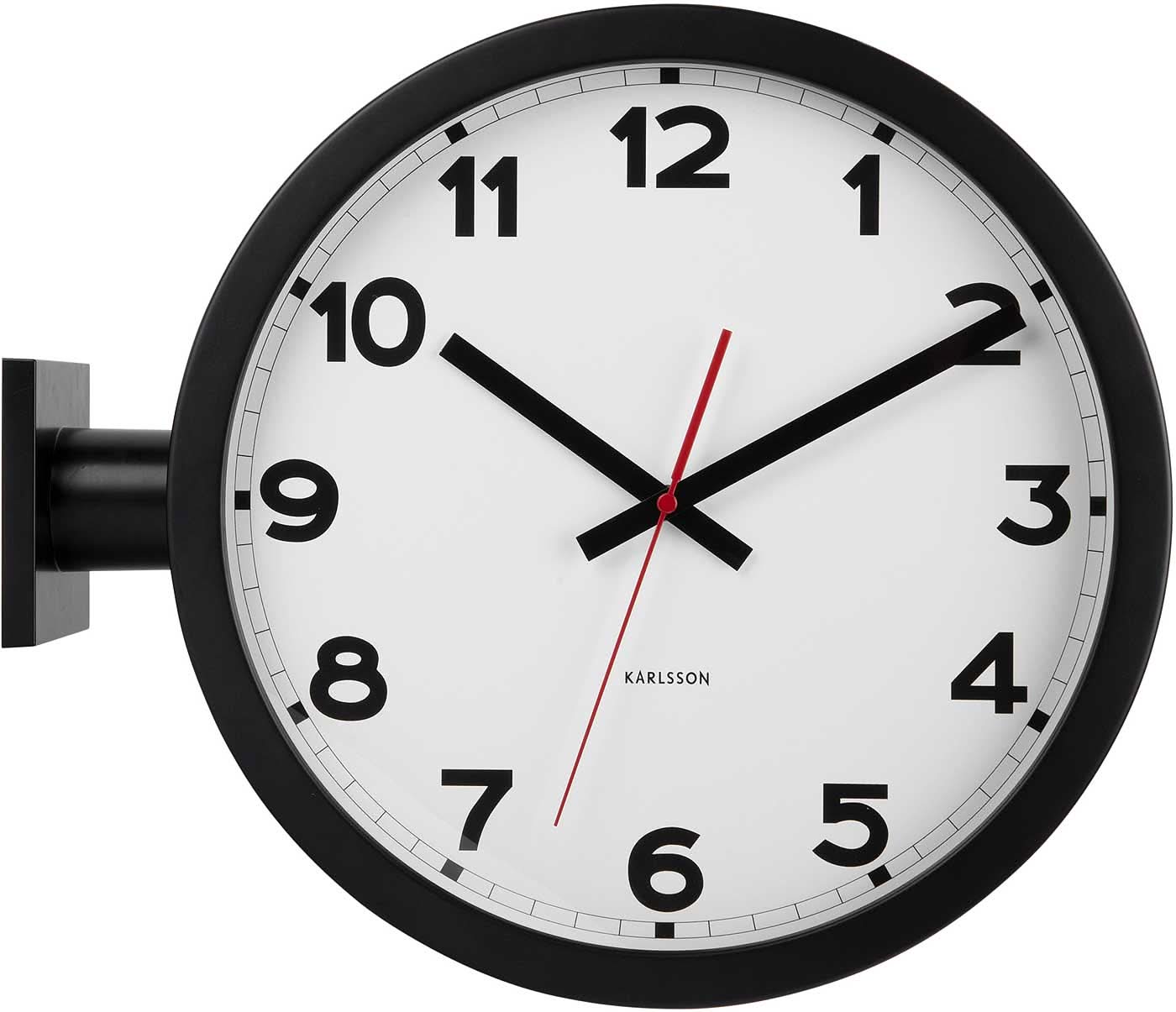 "Reloj de pared con marco negro, esfera blanca y segundero rojo"