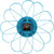Vista trasera del reloj de pared floral con carcasa azul y movimiento de cuarzo visible