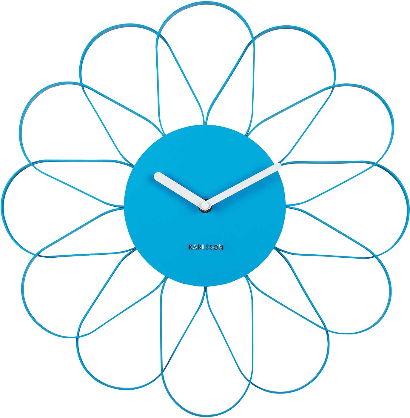 Reloj de pared con flores, parte central azul, manecillas blancas y texto Karlsson