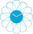 Reloj de pared con flores, parte central azul, manecillas blancas y texto Karlsson