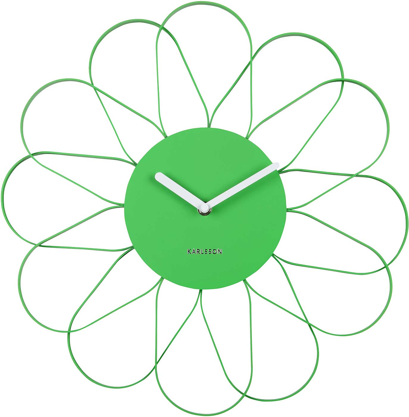 Reloj de pared con diseño de rueda de flores verdes y manecillas blancas, con el texto Karlsson