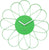 Reloj de pared con diseño de rueda de flores verdes y manecillas blancas, con el texto Karlsson