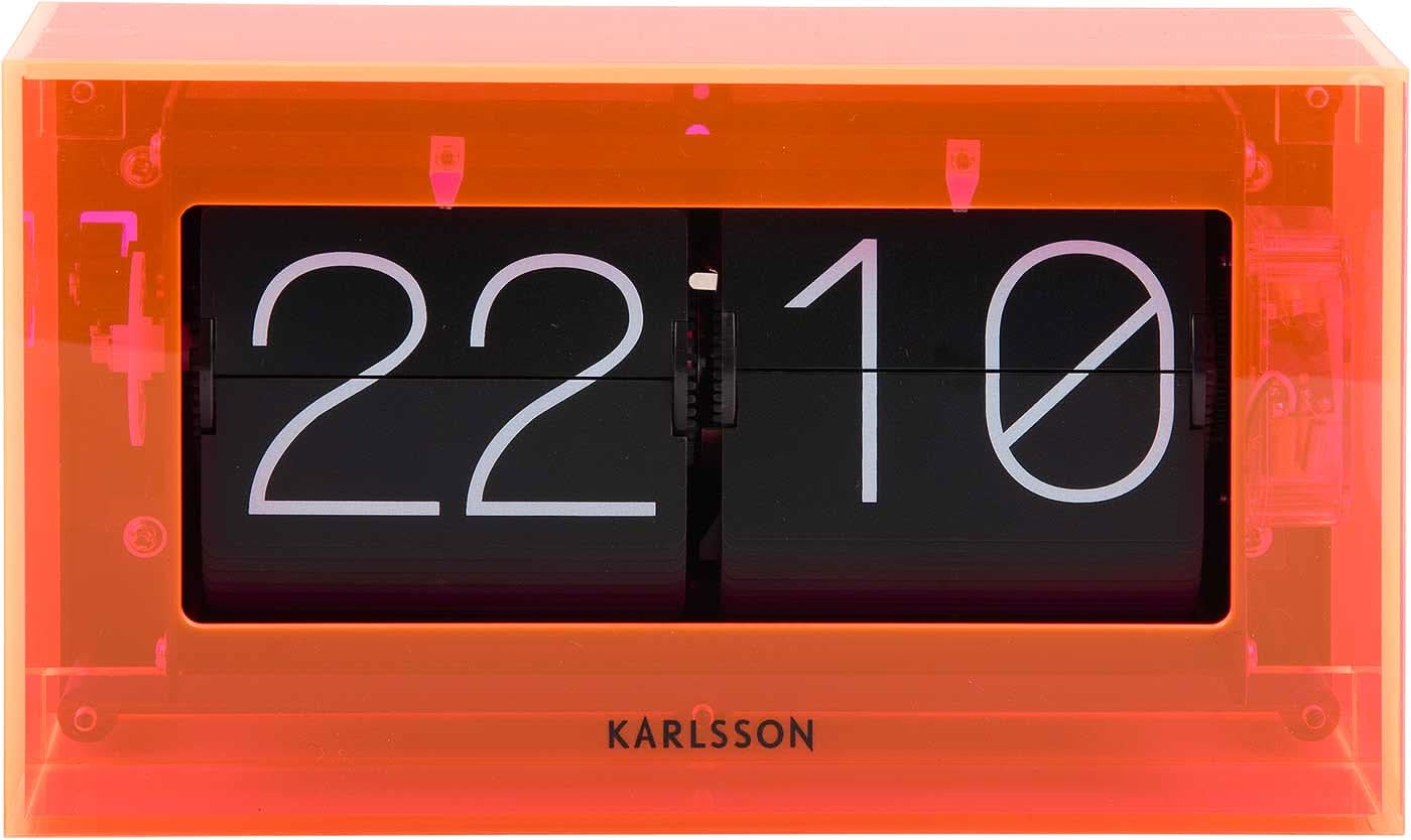 Reloj de mesa acrílico con números abatibles, carcasa naranja, pantalla 22 y 10
