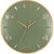 "Reloj de pared con esfera verde y números metálicos dorados, marco metálico redondo"