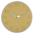 "Reloj de pared con marco redondo de metal y esfera beige, números dorados, manecillas"