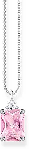 Collar de plata de ley 925 con colgante de piedra rosa en marco cuadrado.