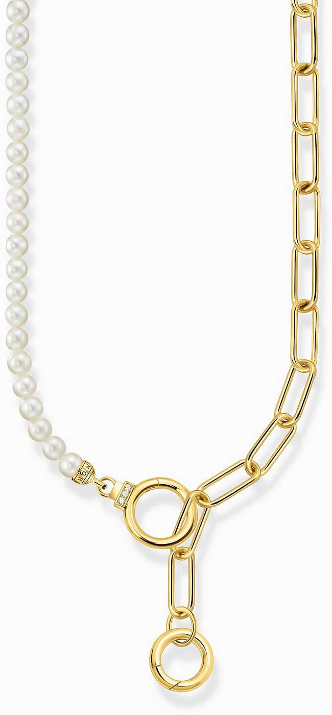 Collar dorado de cadena con perlas y dos cierres, eslabones de cadena