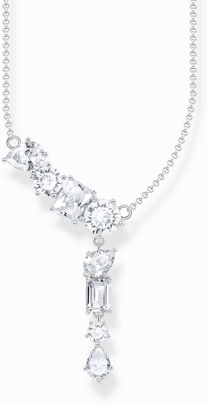 Collar con cuello en V y piedras brillantes con colgante de gota, plateado
