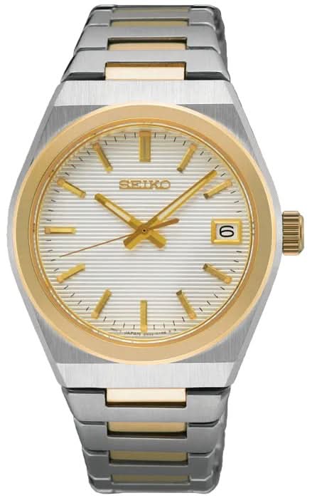Reloj de mujer: correa de acero inoxidable plateado, bisel dorado, esfera blanca, ventana de fecha