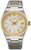 Reloj de mujer: correa de acero inoxidable plateado, bisel dorado, esfera blanca, ventana de fecha