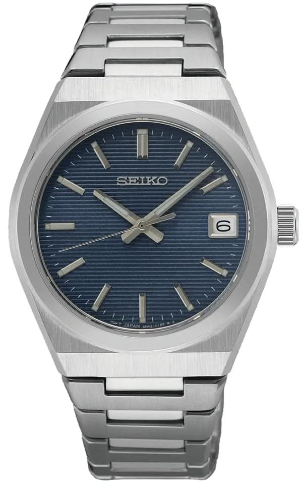 "Reloj Seiko para mujer con esfera azul, ventana de fecha a las 6 en punto, brazalete de acero inoxidable."