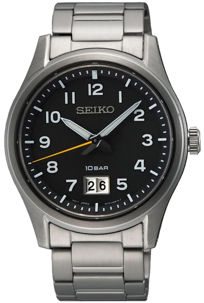 Reloj Seiko para mujer con brazalete de acero, esfera negra, ventana de fecha a las 3 en punto