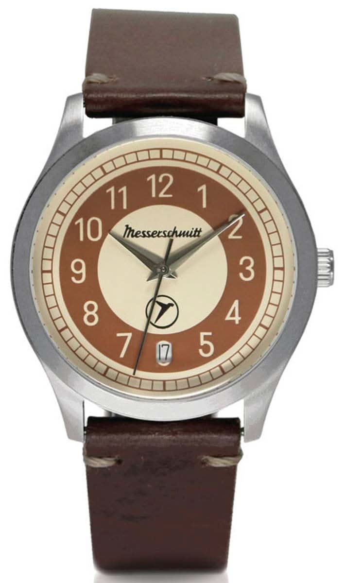 Reloj unisex Messerschmitt con correa de cuero marrón y esfera beige, analógico