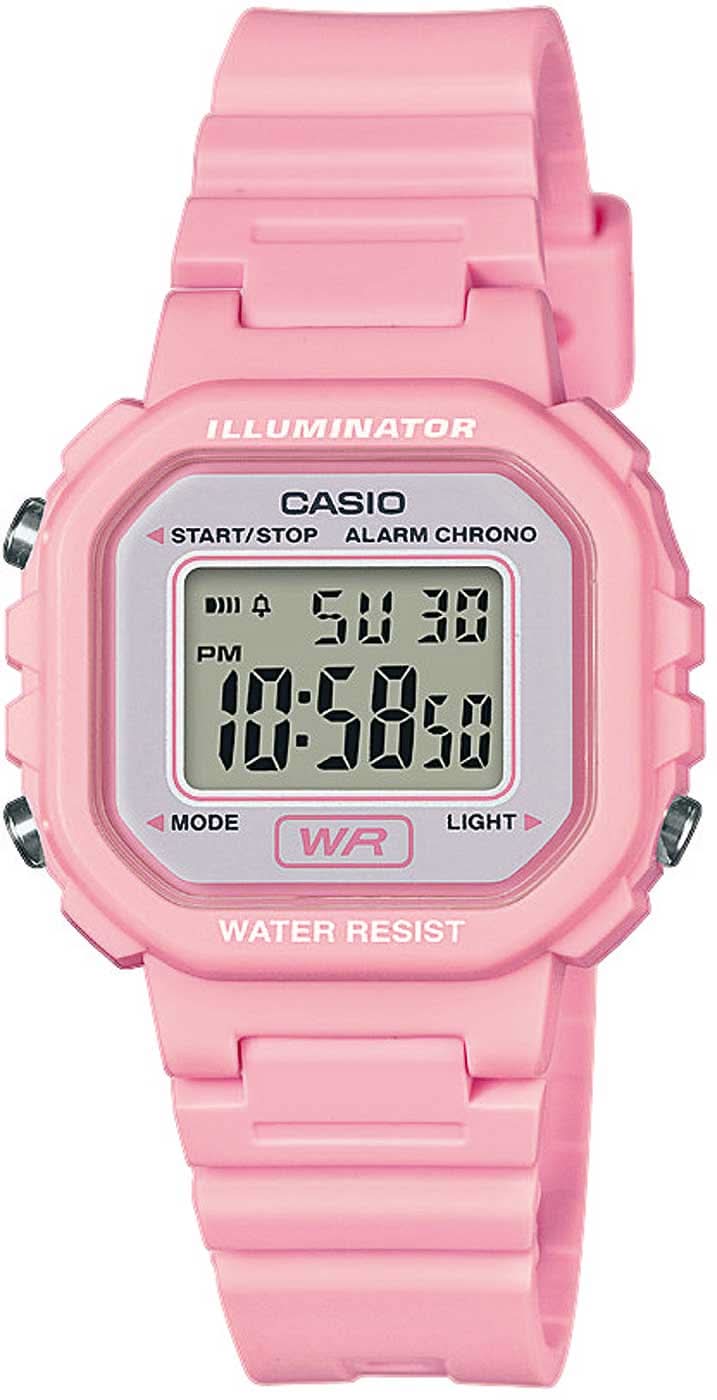 "Reloj de mujer con pulsera de plástico rosa y caja redonda, pantalla digital"