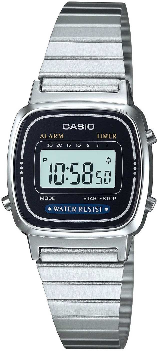 Casio reloj de mujer con correa de metal plateado y pantalla digital negra, alarma/temporizador