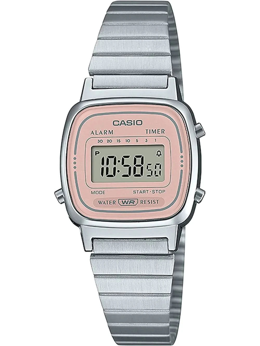 "Reloj de mujer con pulsera de metal plateado y pantalla digital rectangular con bisel rosa"