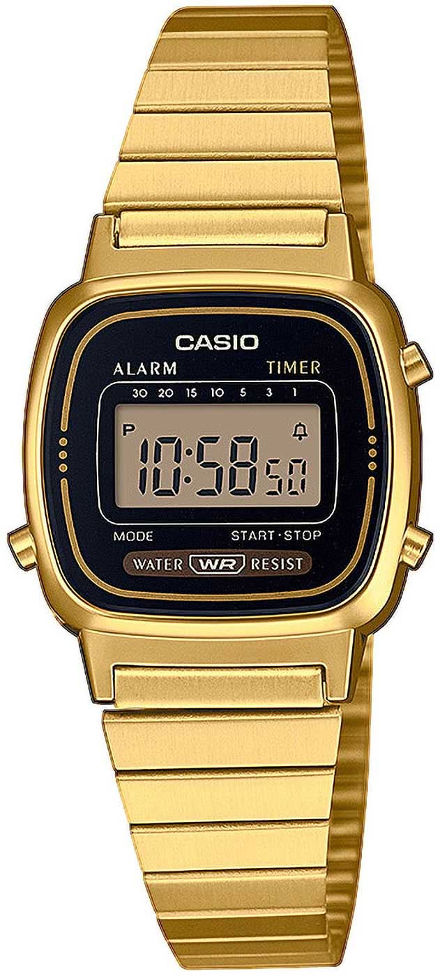 Casio reloj de mujer con correa de metal dorado y esfera digital oscura, alarma/temporizador