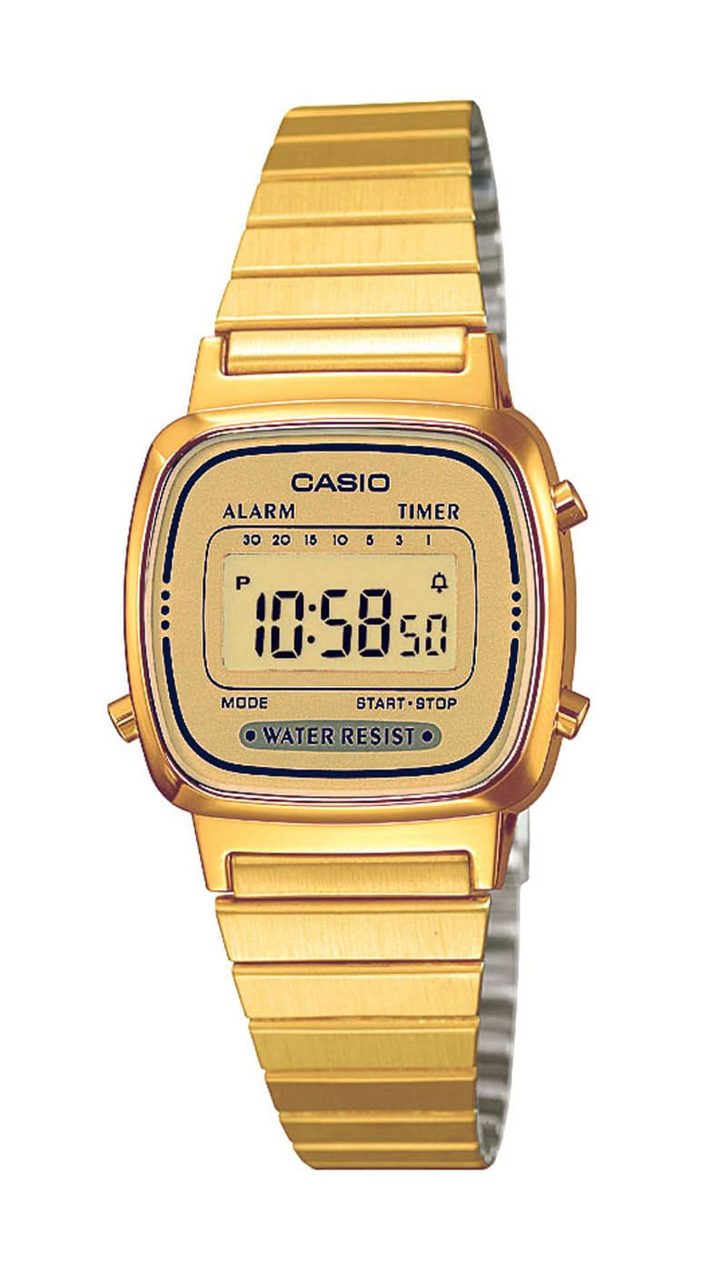 Casio reloj de mujer, pulsera de metal dorado, pantalla digital LCD con alarma y cronómetro