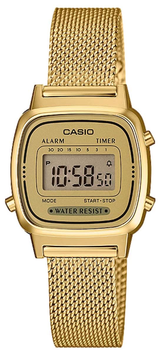 "Reloj de mujer con correa de malla dorada y pantalla digital, con indicador de alarma y temporizador"