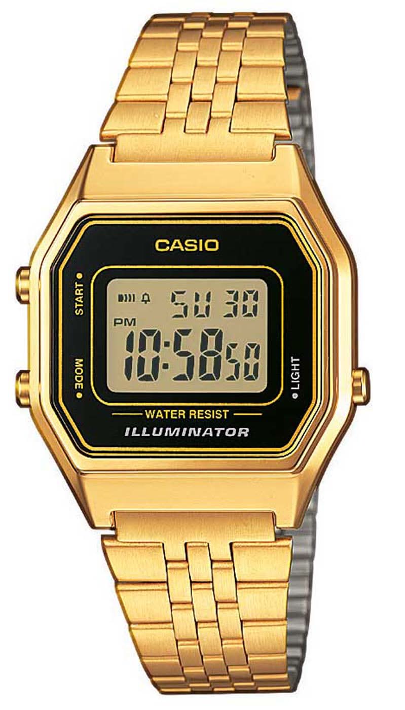 Casio reloj de mujer con correa de metal dorada, pantalla digital octogonal e iluminación