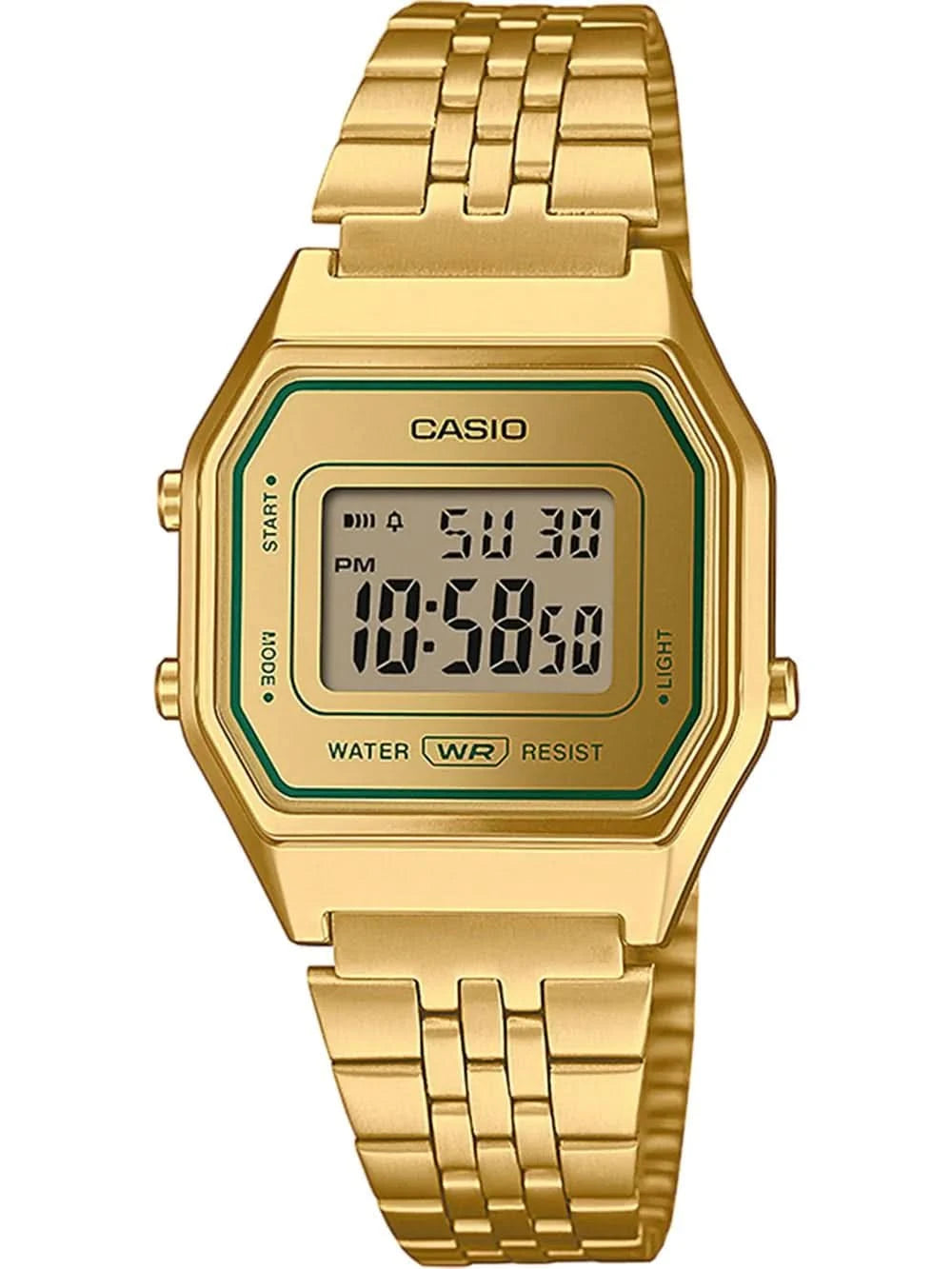 Reloj de mujer en tono dorado con correa de metal y caja octogonal, pantalla digital