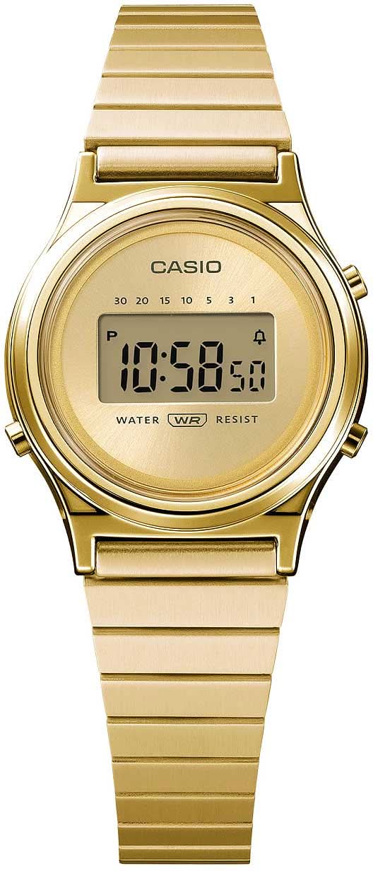 Casio reloj de mujer, caja redonda dorada, correa de metal, pantalla digital