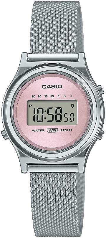 Casio Vintage - Reloj de mujer con correa milanesa plateada y esfera digital, color rosa