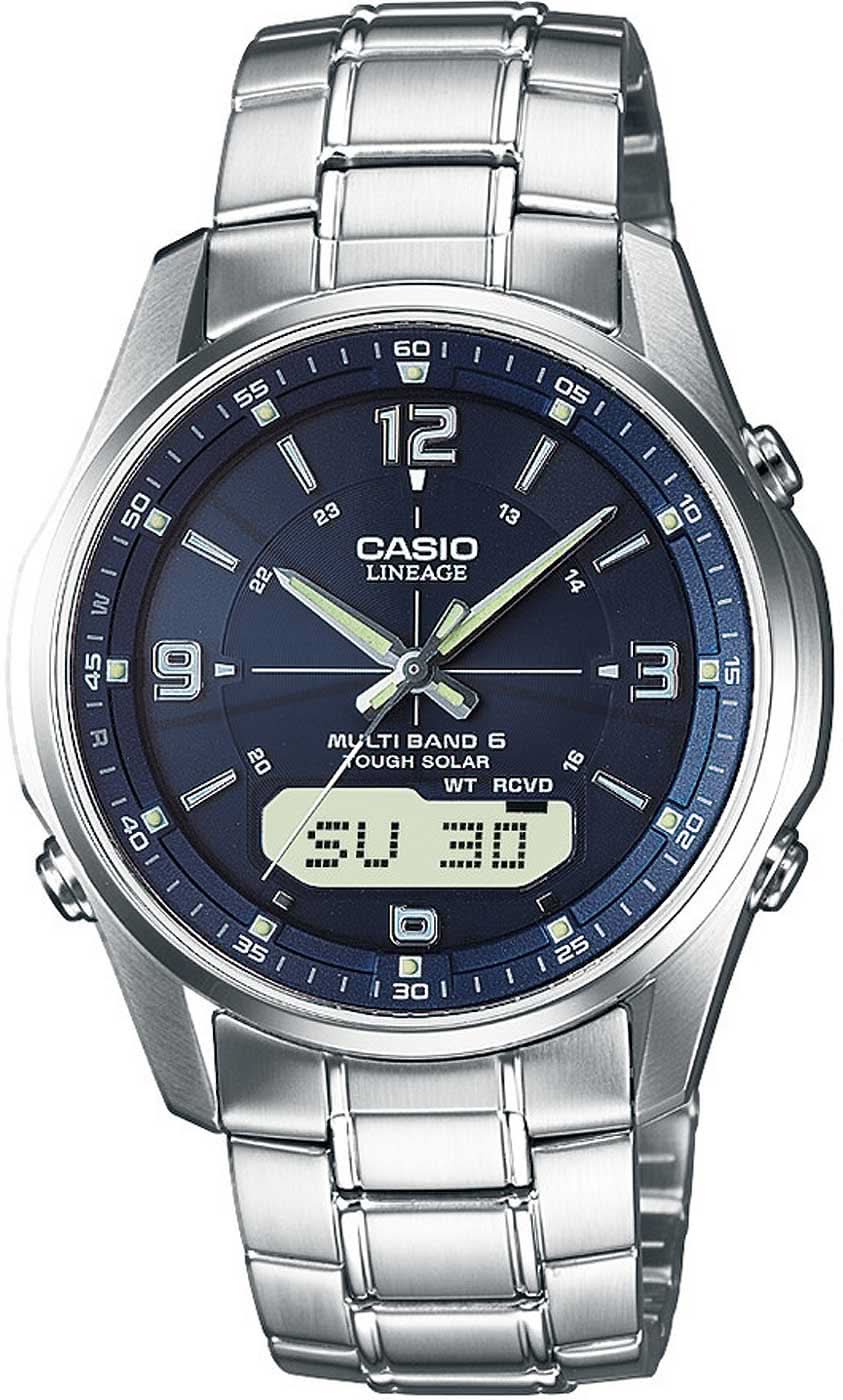 Reloj Casio para hombre con esfera azul, correa de acero y pantalla de recepción de radio
