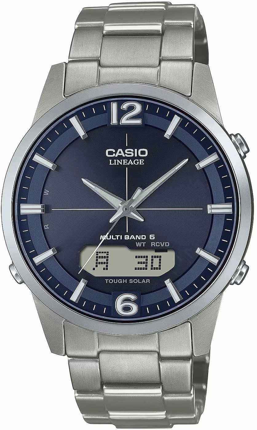 Reloj Casio Lineage para hombre con esfera azul y correa de metal plateada, caja redonda
