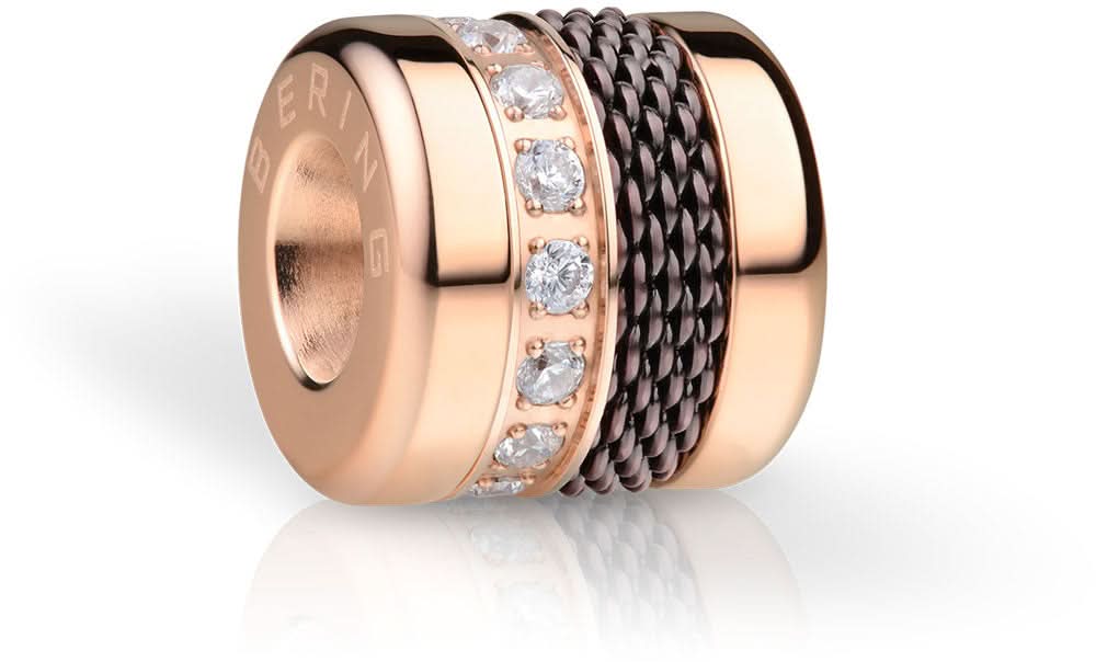 Charm de acero inoxidable en oro rosa con trenzado oscuro y cuatro circonitas