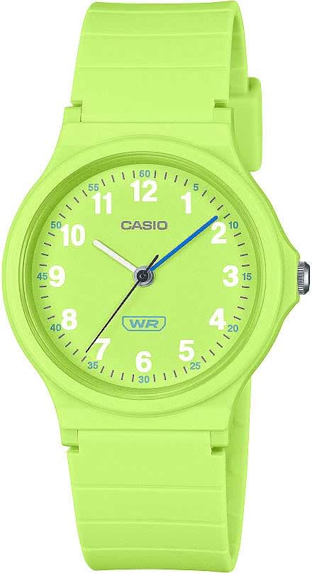 "Reloj de mujer con esfera redonda y correa verde claro, segundero azul"