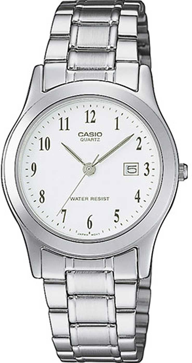 "Reloj de mujer con brazalete de metal plateado, esfera blanca, números romanos e indicador de fecha"