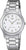 "Reloj de mujer con brazalete de metal plateado, esfera blanca, números romanos e indicador de fecha"