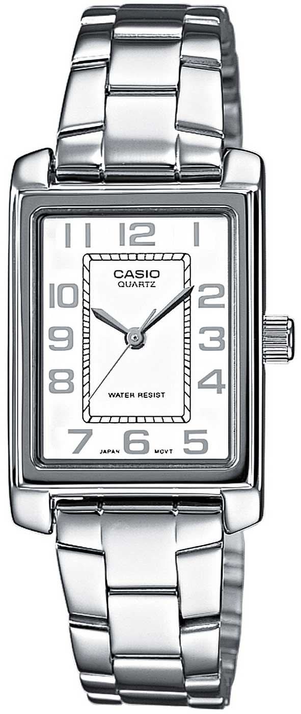Casio reloj de mujer con esfera rectangular, números arábigos y pulsera de acero inoxidable