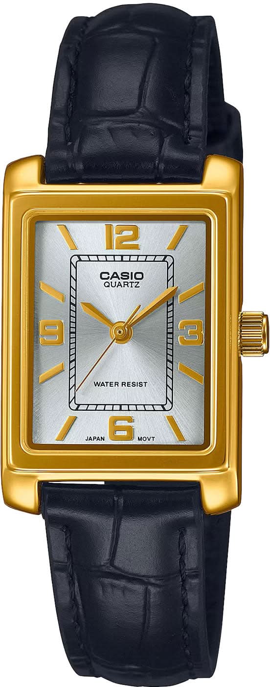Casio reloj de mujer con caja cuadrada dorada, esfera clara y correa de piel azul oscuro