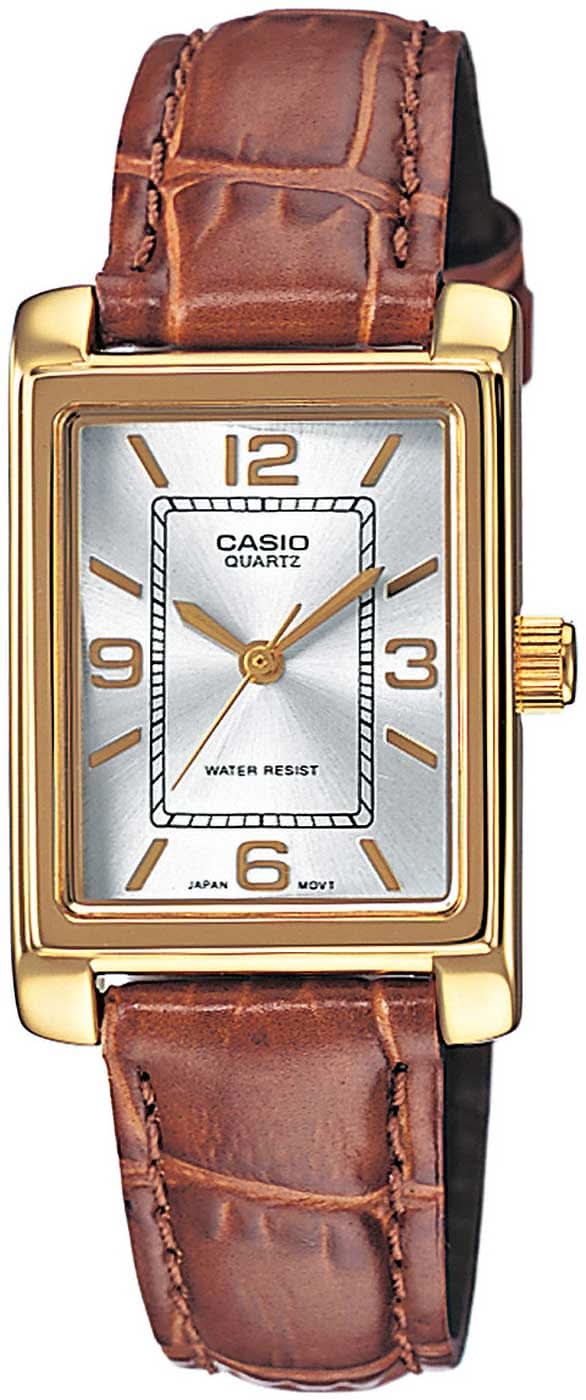 Casio reloj de mujer con correa de cuero marrón, caja dorada y esfera blanca