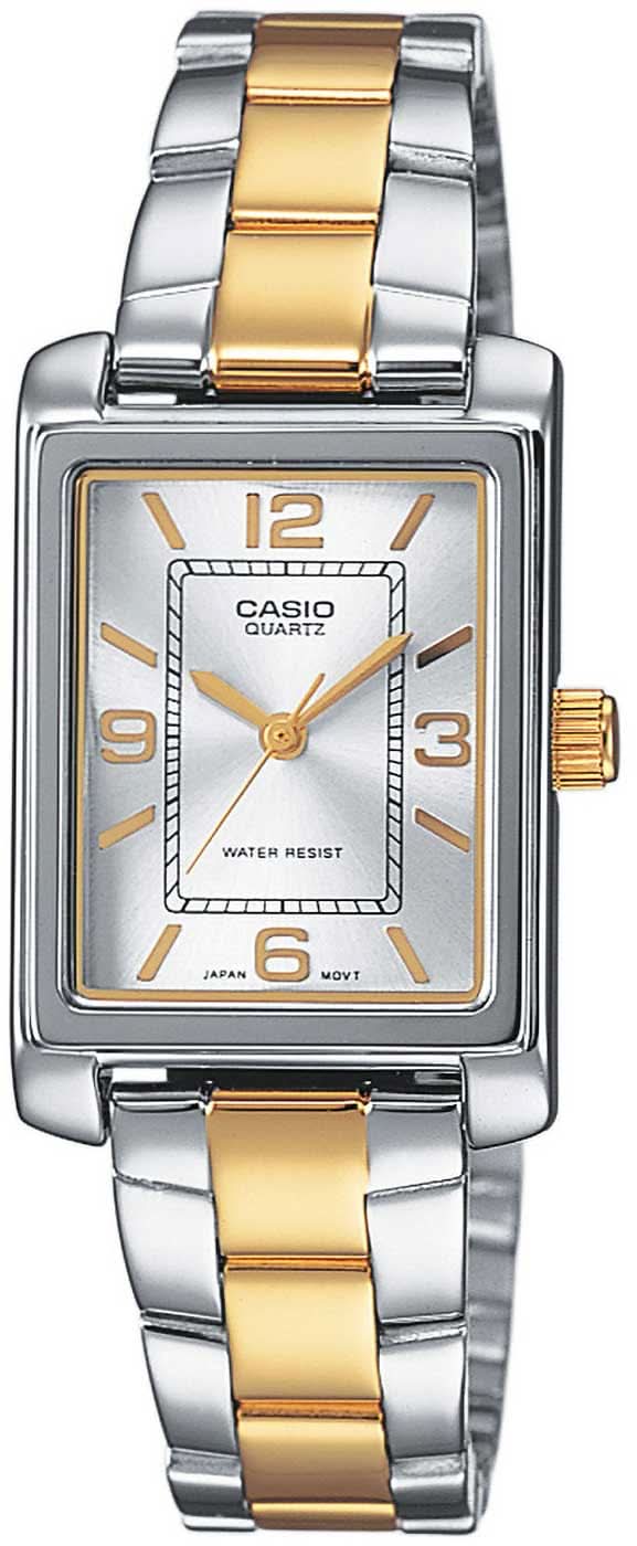 "Reloj de mujer con esfera rectangular y pulsera de metal bicolor (plata/oro)"