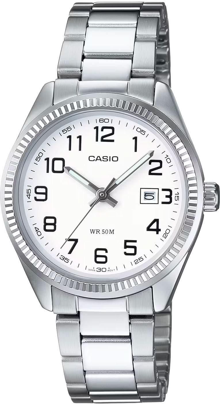 Casio reloj de mujer con correa de metal plateado, esfera redonda y visualización de fecha