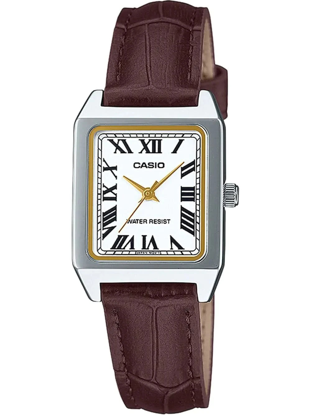 "Reloj CASIO para mujer con caja rectangular plateada, correa de cuero burdeos, números romanos"