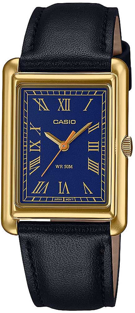 Casio reloj de mujer con caja dorada, esfera azul y correa de piel negra