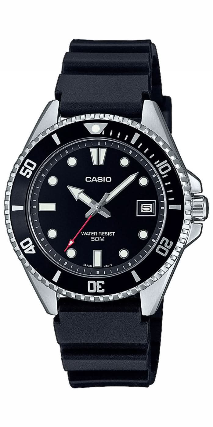Reloj de buceo para hombre con esfera negra, bisel plateado y correa negra