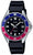 Reloj de buceo Casio: correa negra, esfera oscura, bisel azul y rojo