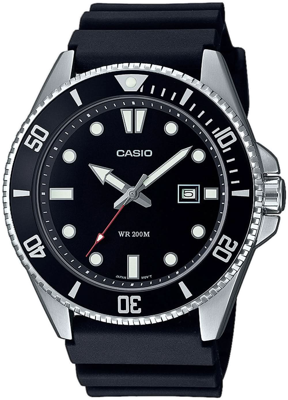 Reloj de buceo Casio para hombre con esfera negra, bisel plateado y correa de silicona negra.