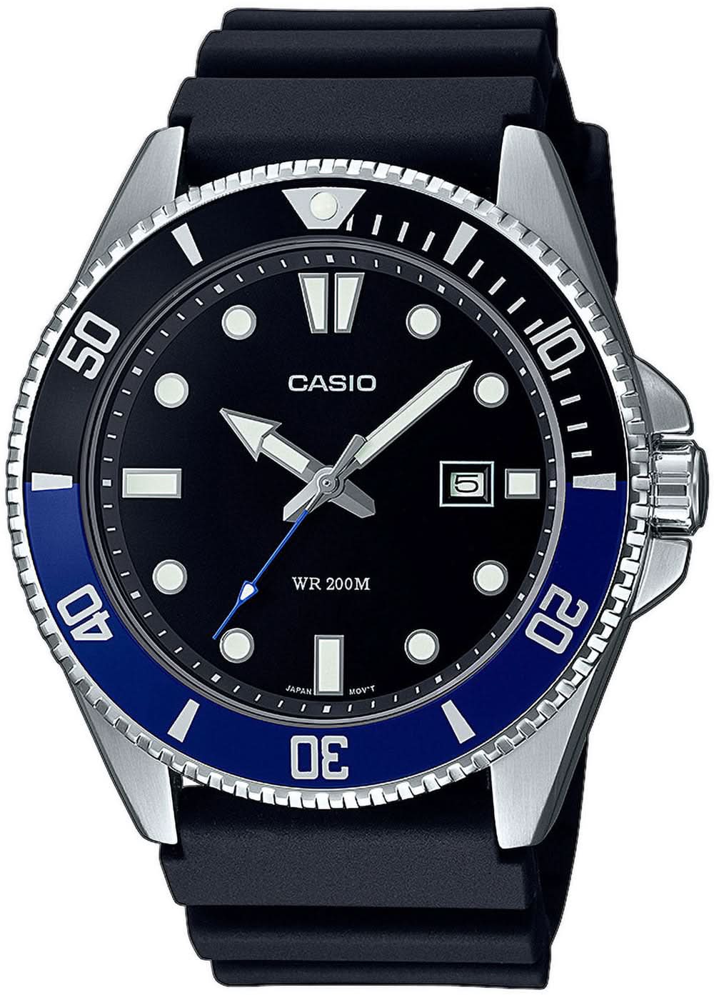 Reloj de hombre: correa de caucho negro, esfera oscura, bisel plateado, analógico con fecha