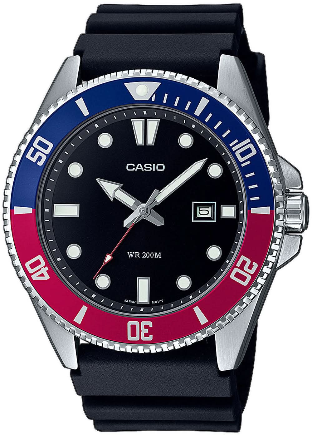 Reloj Casio de buceo deportivo con esfera negra, bisel azul y correa negra