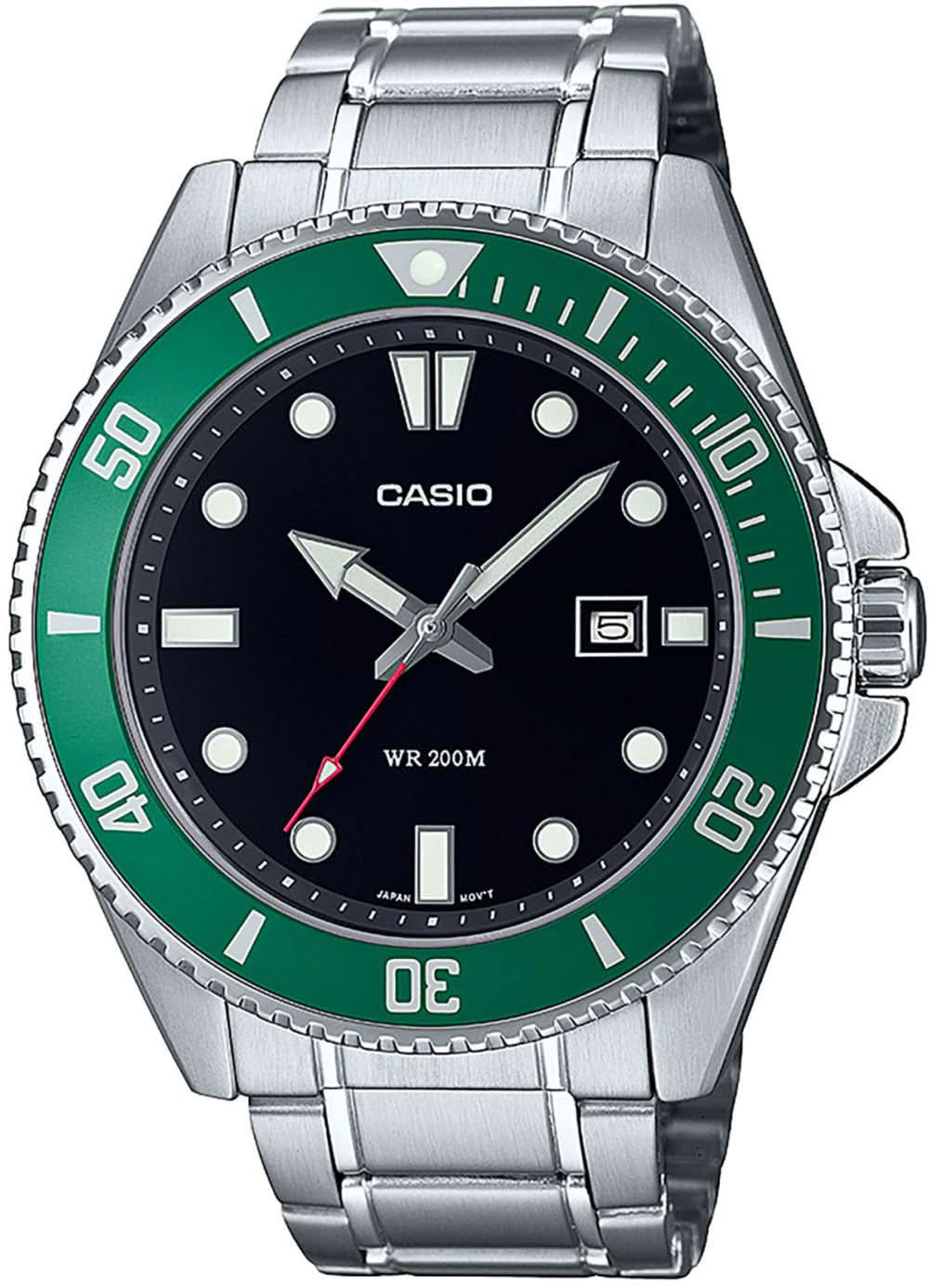 Reloj Casio para hombre con correa de acero, caja redonda y esfera verde y negra
