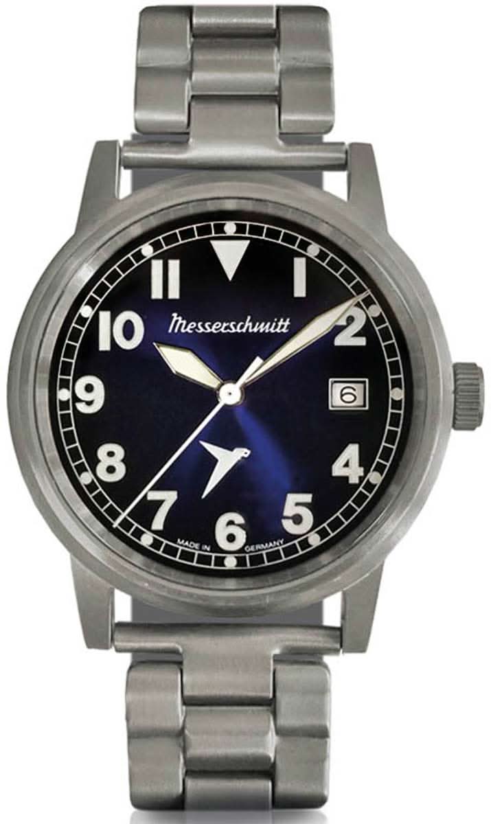 Pulsera de hombre con esfera azul oscuro, brazalete de metal y motivo Messerschmitt