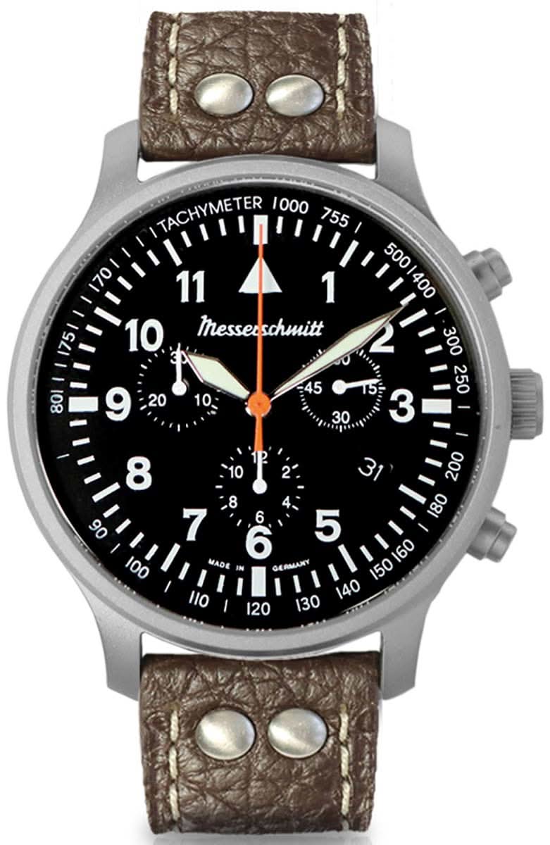 Reloj Messerschmitt para hombre con esfera negra, escala taquimétrica y correa de cuero marrón